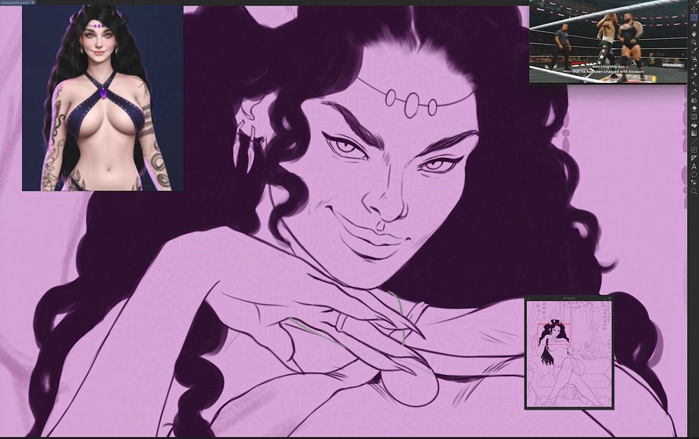 wip screenshot of current commission for Beekakke’s character Azalea looking smugly to the viewer tracing her hand under her chin smirking