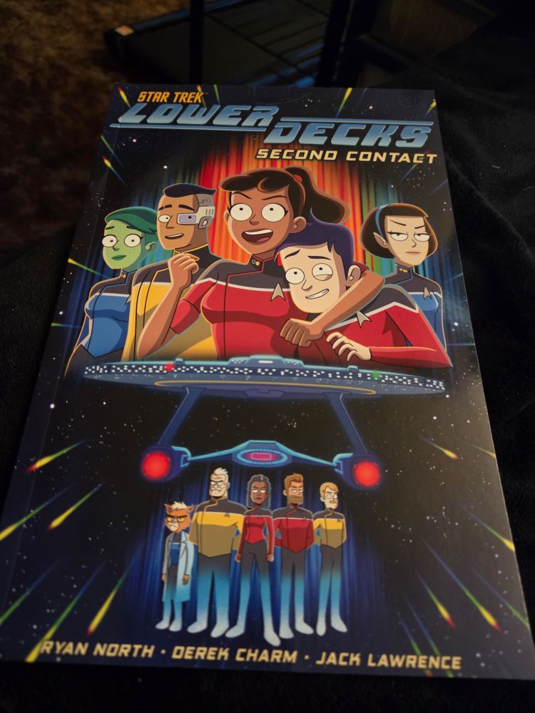 The cover of the graphic novel compilation of Star Trek: Lower Decks 1-6, "Second Contact "