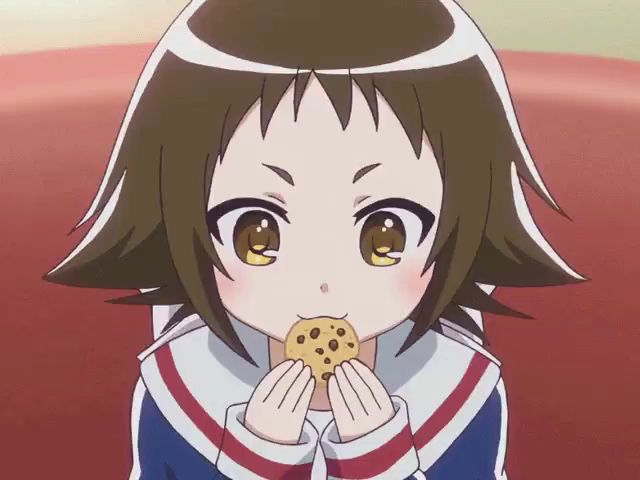 a girl with brown hair is eating a cookie with chocolate chips