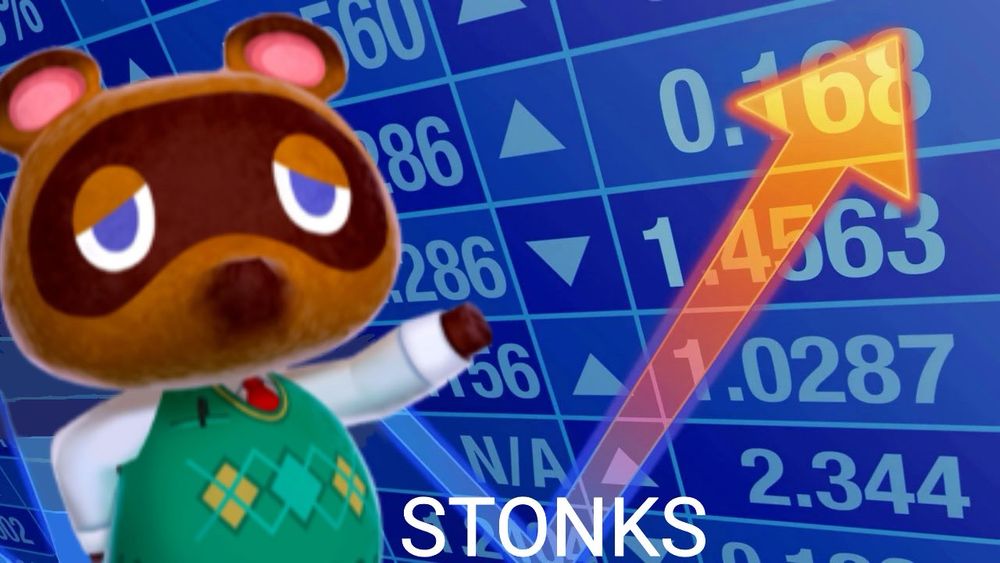 A humorous “Stonks” meme featuring Tom Nook, a character from the Animal Crossing video game series. Tom Nook is wearing a green sweater vest and pointing toward a background of blue stock market numbers and upward-pointing arrows, symbolizing financial success. The word “STONKS” is written at the bottom in bold white letters.