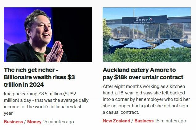 Homepage of the website RNZ.co.nz shows headlines for two stories: Under an image of Elon Musk, the story headline says 'The rich get richer - Billionaire wealth rises $3 trillion in 2024 |Imagine earning $3.5 million ($US2 million) a day - that was the average daily income for the world's billionaires last year. Adjacent is an image of the Amore Italiano Restaurant in Hobsonville, above the headline that reads 'Auckland eatery Amore to pay $18k over unfair contract | After eight months working as a kitchen hand, a 16-year-old says she felt backed into a corner by her employer who told her she no longer had a job if she did not sign a casual contract.'