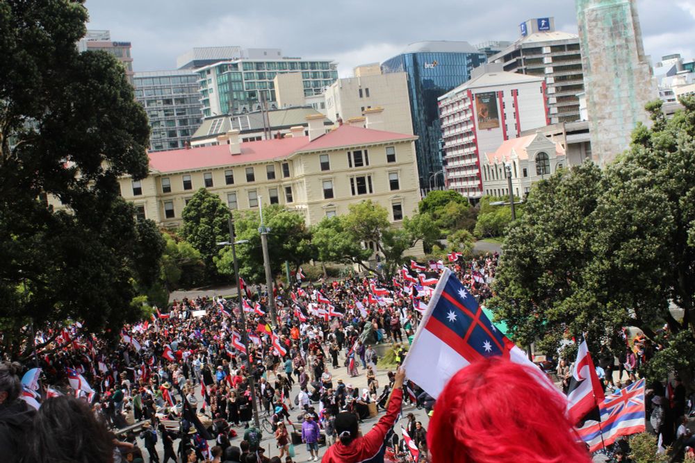 Tens of thousands of Kiwis descended upon Parliament for the Hīkoi mo te Titiri (March for the Treaty of Waitangi) in Pōneke-Wellington, as the Far Right Coalition Government forces through its Corporate-backed anti-Treaty Principles Bill. A United Tribes flag flies as the crowds cross Lampton Quay into the Government grounds.
