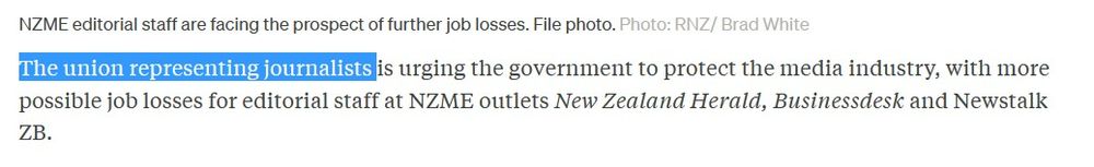The union representing journalists is urging the government to protect the media industry, with more possible job losses for editorial staff at NZME outlets New Zealand Herald, Businessdesk and Newstalk ZB.