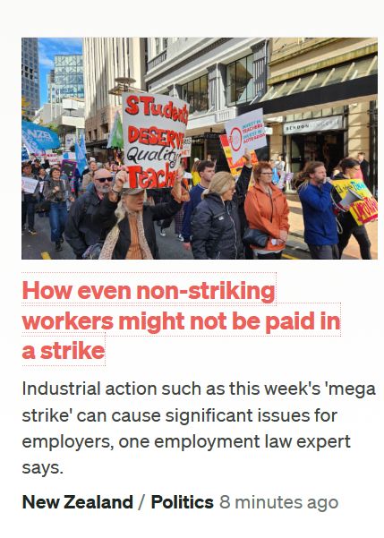 RNZ website pointer to a story titled 'How even non-striking workers might not be paid in a strike'.

