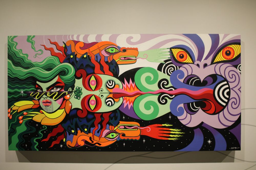 Te Whanganui-a-Tara, by artists Xoë Hall, Derek Cowie and Ariki Brightwell, featuring Māori taogna in vibrant pastel and neon colours morphing into each other, with the cosmos below and the sky above - On display at the Wellington Museum