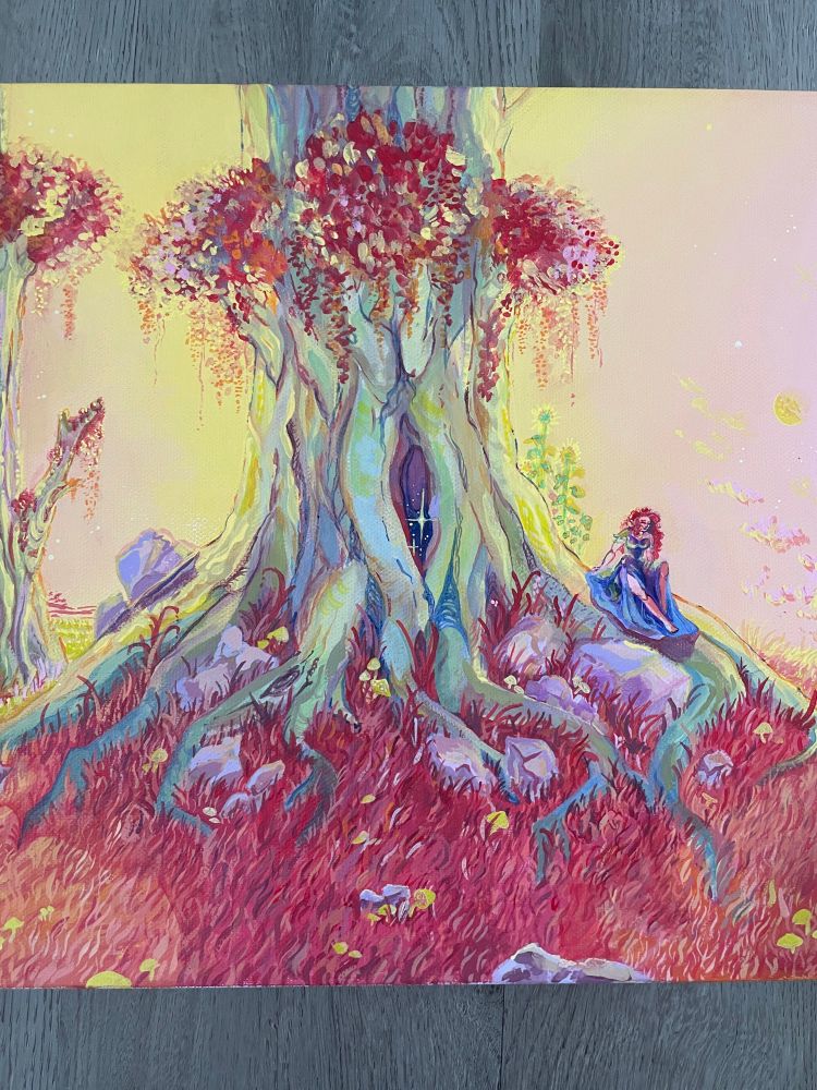 A girl wearing a vibrant purple gown looks back sadly to a hill in the distance behind her. She sits on the roots of a massive tree that houses a portal in the hallow of its bark. The portal contains several bright stars. The sun appears to be rising just behind the tree. 