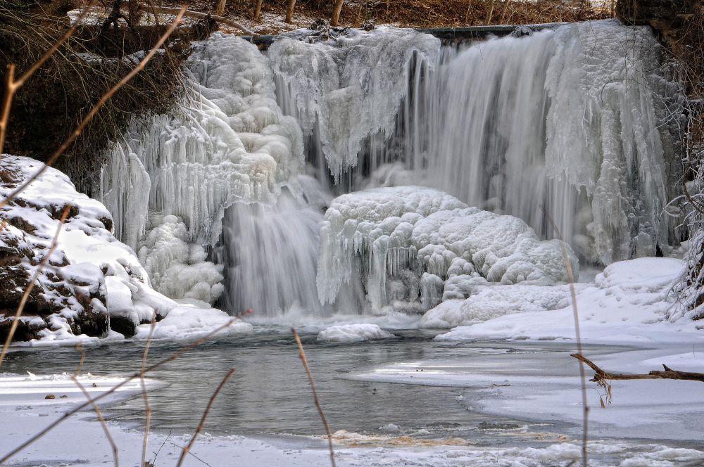 Icefalls at the site of an old waterwheel mill.  Mill is gone but super cold air made this a beautiful winter scene.