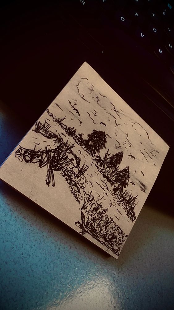 A pen drawing of two steams meeting, complete with three trees in the background, stones, washed up branches and some reeds. This drawing is on a post-it note that is orange