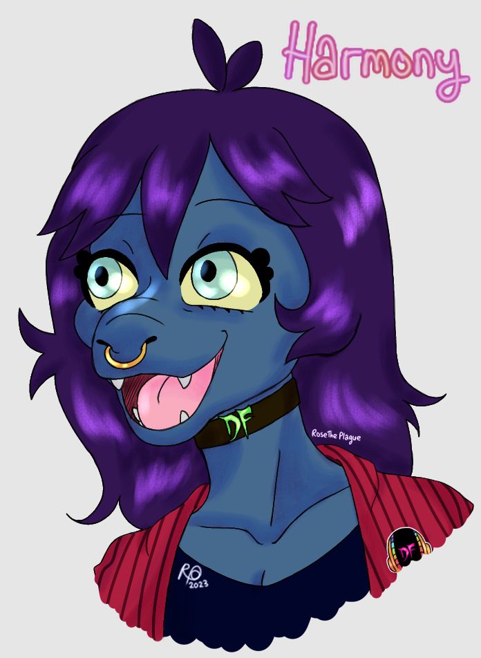 A tegu lizard mink called Harmony. She has dark purple hair, blue scales, light blue eyes with yellow sclera. She wears a ring piercing in her nose, a choker with her father’s initials on (he is a rockstar and has his own merch), and a red jacket with small vertical black stripes with a sew-on patch of her father’s helmet.