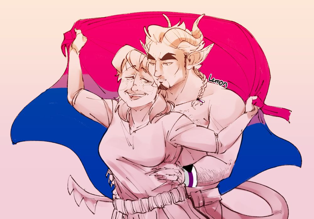 Digital drawing of original Dungeons and Dragons characters Cirina and Fractalis. Cirina is holding a Bisexual flag, Fractalis has a hair tie and a bracelet with the Demisexual pride flag colors.