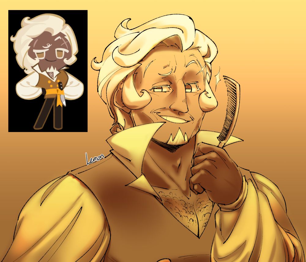 Digital monochrome (yellow) portrait of a human version of Royal Margarine Cookie from Cookie Run: Kingdom, holding a comb and smirking at the viewer. 