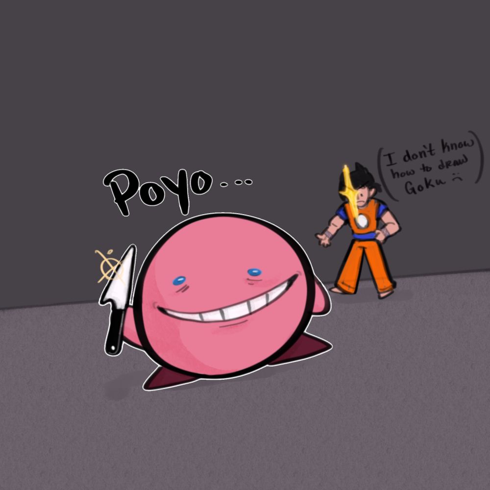 kirby from nintendo holding a knife, seemingly teaming up with a poorly drawn Goku/Kakarot from Dragon Ball in the background :)