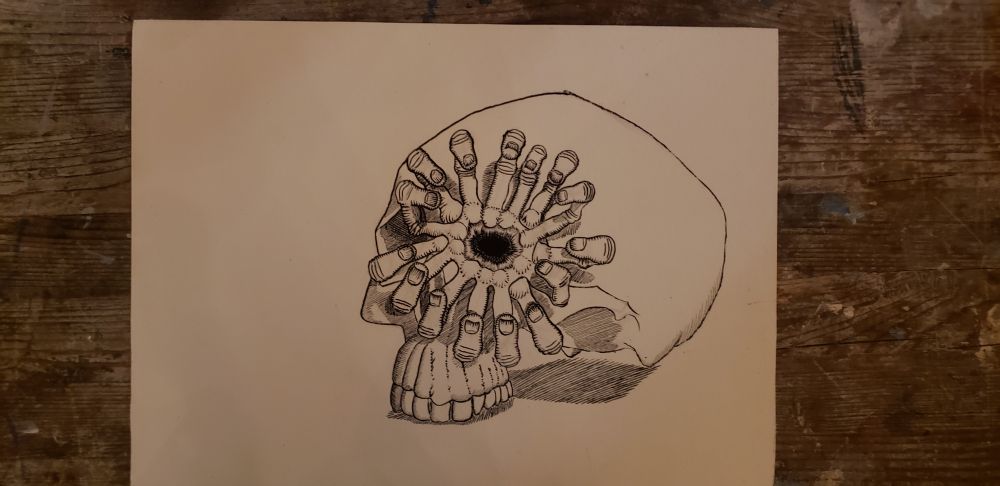 A skull with a multitude of fingers emerging from its left socket, like a flower.