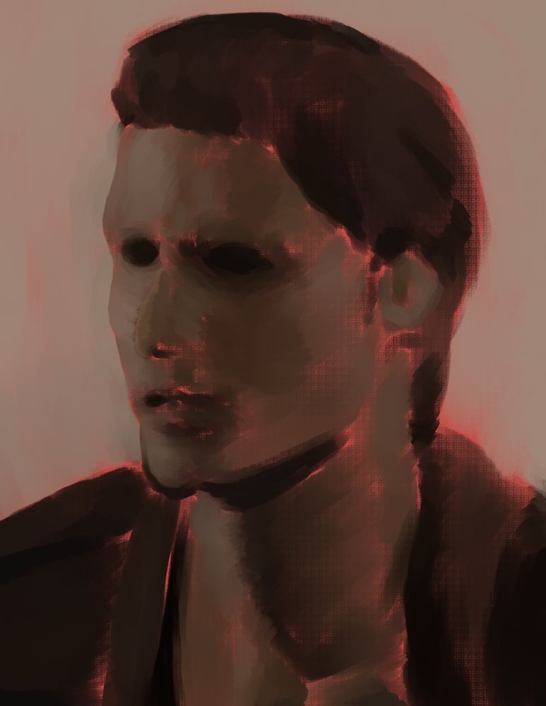 Middle-aged every-man protagonist Harry Mason looks in a direction. The image is a digital painting with a salmon undertone across the entire painting.