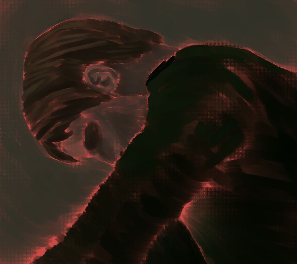 A man sits, slumped and defeated. The image is a digital painting with a salmon undertone across the entire painting.