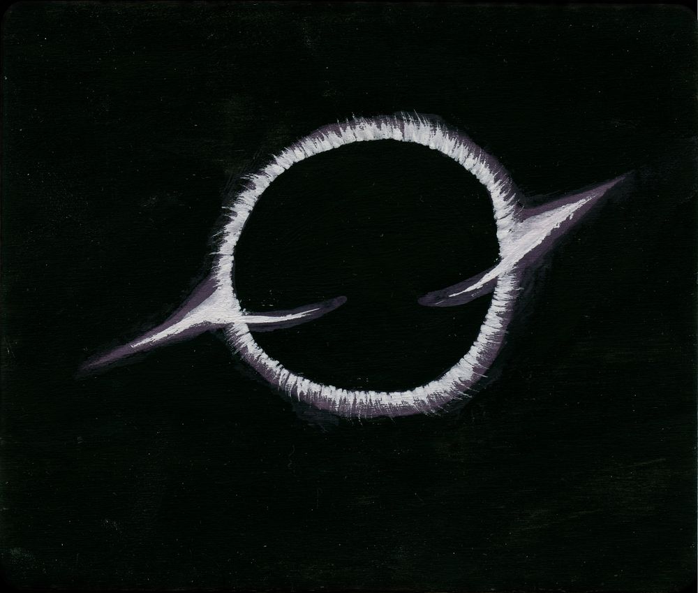 A black hold in a black void, a corona of white edged with purple.