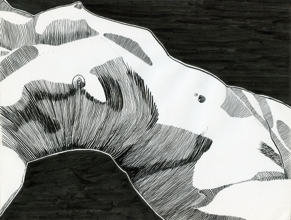 The torso of a nude woman lying on her back.