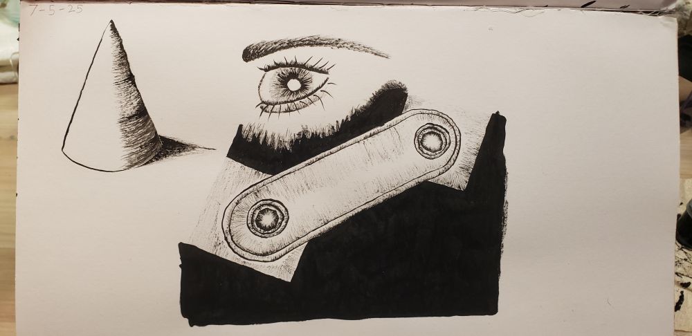 Random drawings with drybrushed details. A cone, an eye, and a machine part all rendered similarly.