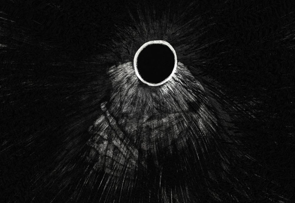 A head surrounded by violent darkness. A hand constricting their throat. Their mouth agape, as if screaming, consumed by a void they are forced to choke on. It is unable to scream. It is consumed by the void.