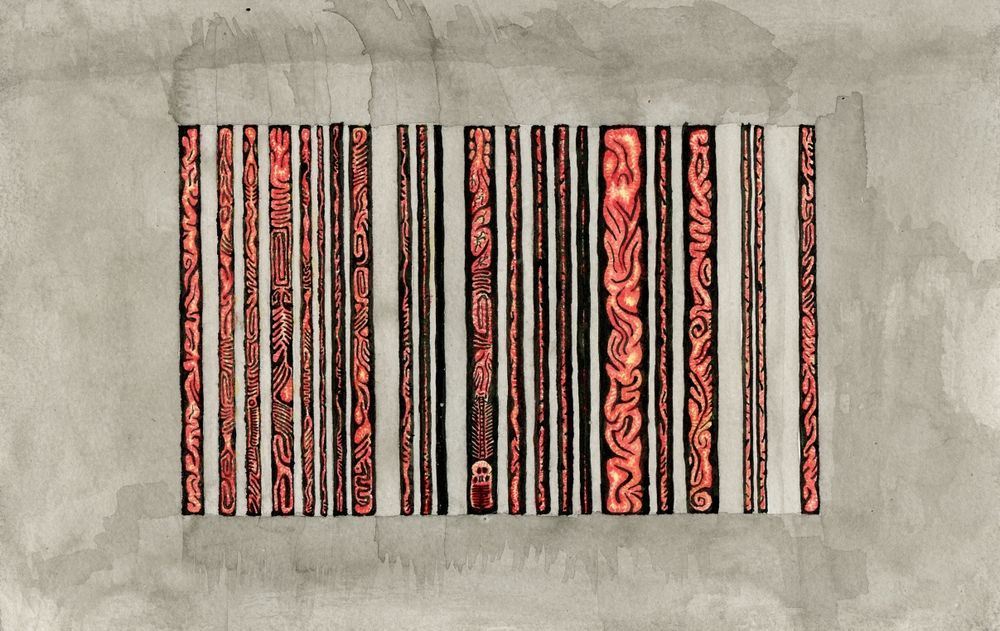 A bar code on a grey background. The inside of the bars have been filled with flesh.