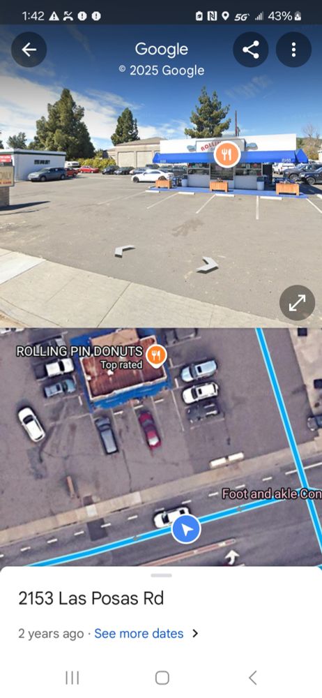 Google Maps aerial image and street view image of the Rolling Pin Donuts parking lot crash site. 