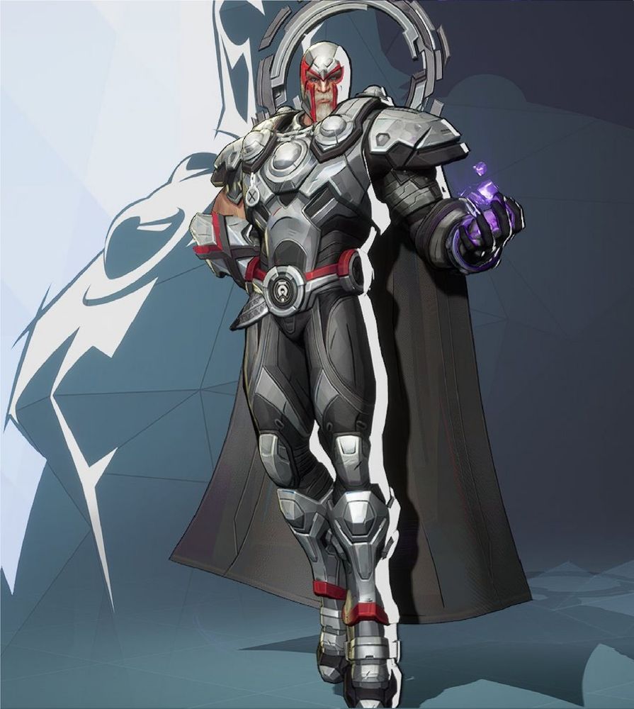 Stylized art of Magneto, the Marvel character. He hovers slightly, wearing a suit of metal armor and his signature helmet, with purple power emanating from one hand.