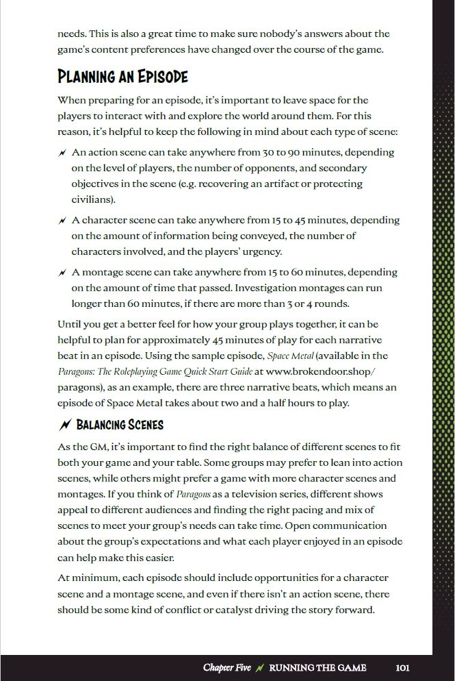 A page with multiple paragraphs of text in a section titled "Planning an Episode" and a subheading titled "Balancing Scenes" from Chapter Five of Paragons: The Roleplaying Game.