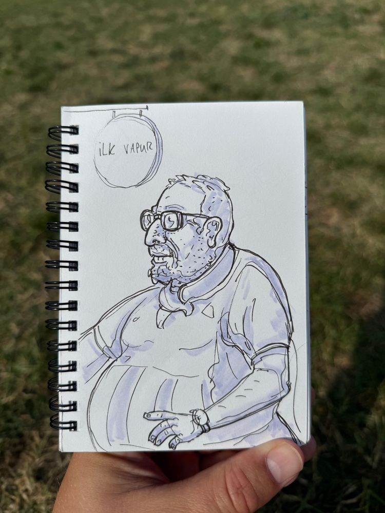 An illustration in pen and light purple marker of a portly gentlemen in a sport jersey and glasses. He looks jolly. #artskyle #art #drawing #lifedrawing #sketch 