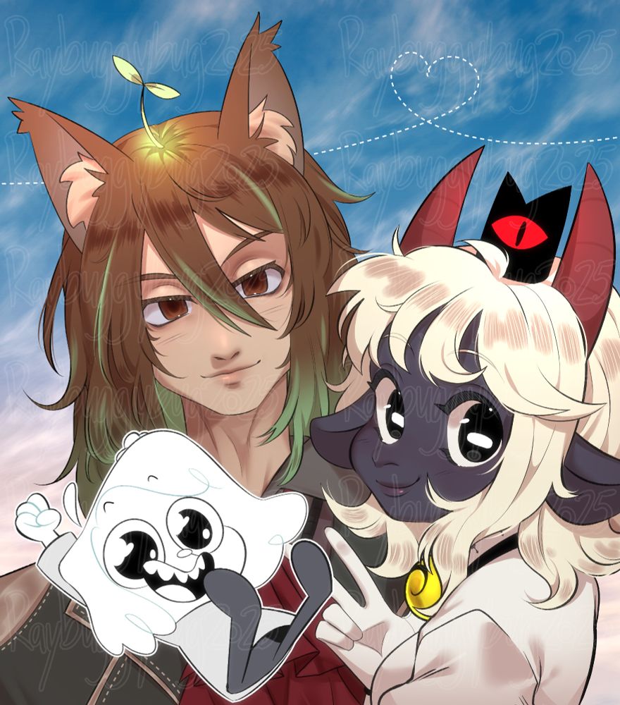 A portrait with three characters. One being a cat boy with brown eyes and mostly brain hair with a green gradient and streaks, one being a lamb design based off of the Lamb from Cult of the Lamb, and the last character being a small monochromatic chibi with medium to short length hair. Characters belong in order to notdrphill, kagamineriri, and blankinsart.