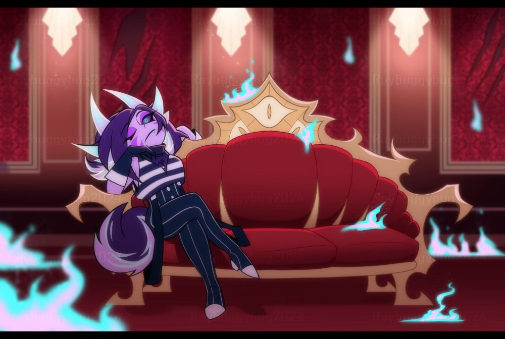 A purple demon girl (my sona) with fluffy ears, horns, and a tail, is sitting on a couch from Hazbin Hotel. Everything is slightly on fire from blue/pink flames. She is sitting laid back with her legs crossed.