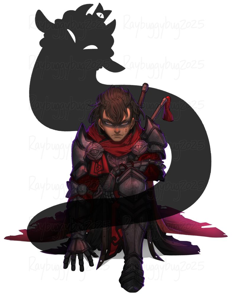 A man in armor kneeling and glaring foward with a shadow in the shape of the Lamb from Cult of the Lamb wrapped around him