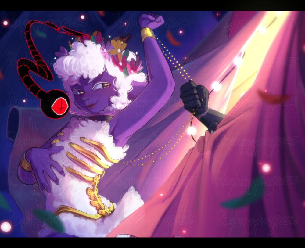 The Lamb from Cult of the Lamb in a more anime style wearing a golden skeleton inspired outfit with a rib cage and spine. They also have a flower crown with the red crown's serpent form flying off of their head to be next to their face. They are standing in front of the mating tent from the game while a hand belonging to Narinder from the same game grabs the chain attaching the spine and golden band bracelets. The lamb is smiling back at him with narrow and knowing eyes.