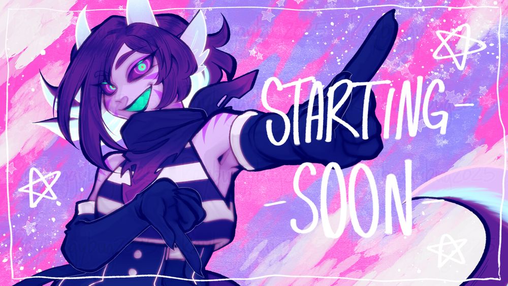 starting soon screen for twitch with a purple horned girl with a toothed grin.