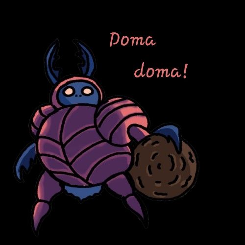 A digital drawing of the dung defender from hollow knight with the words "doma doma" written to his right 