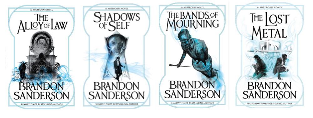 Covers of The Alloy of Law, Shadows of Self, The Bands of Mourning & The Lost Metal by Brandon Sanderson. All misty blue & black pictures with well dressed men with canes or swords in various poses