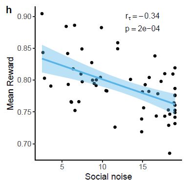 A plot showing the significant negative correlation between social noise (a parameter that is low when relying on social information) and mean reward.