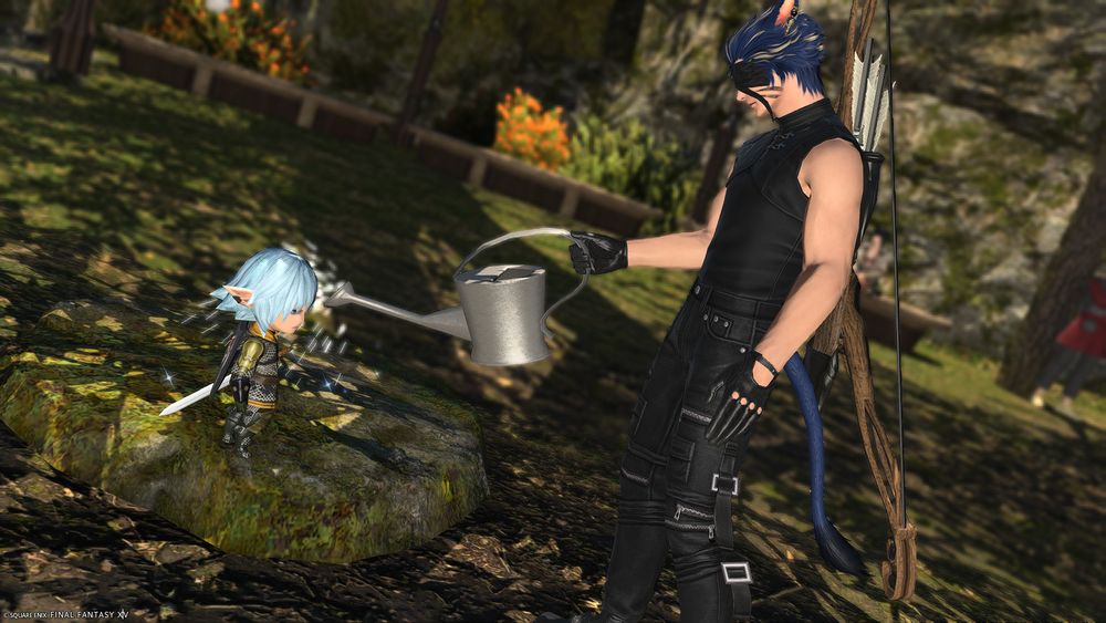 screenshot of my ffxiv catboy/miqo'te oc who is watering the minion of haurchefant