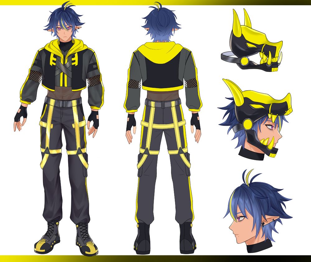 A front and back full body and 2-headshot reference sheet of the vtuber Mathias Pierce. Illustrated by _ozisama (twitter/X)