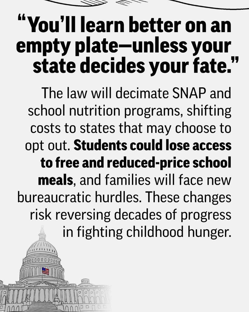 Image featuring a quote about potential negative impacts on SNAP and school meals programs with the U.S. Capitol building in the background.