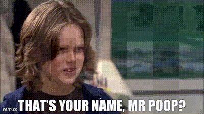 GIF from the office of Meredith’s 10 year old son asking Dwight “that’s your name Mr poop?”