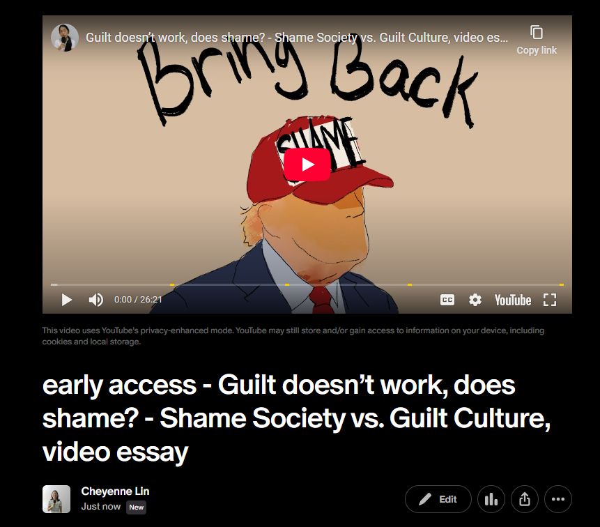 screenshot of the thumbnail on patreon shows an illustration of donald trump wearing a red maga hat that reads 'shame'. the text on the thumbnail reads 'bring back shame'