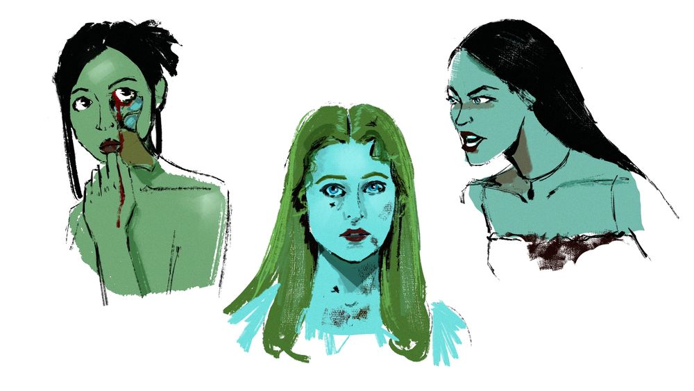 digital painting of three female characters under a greenish/blue light. the first is Kiyoko from ExMachina tearing away her skin to reveal her android skeleton underneath, the next is Dolores from Westworld with flies on her and blood, the last is of Jennifer from Jennifer's Body looking angry and bloody from a 3/4 angle