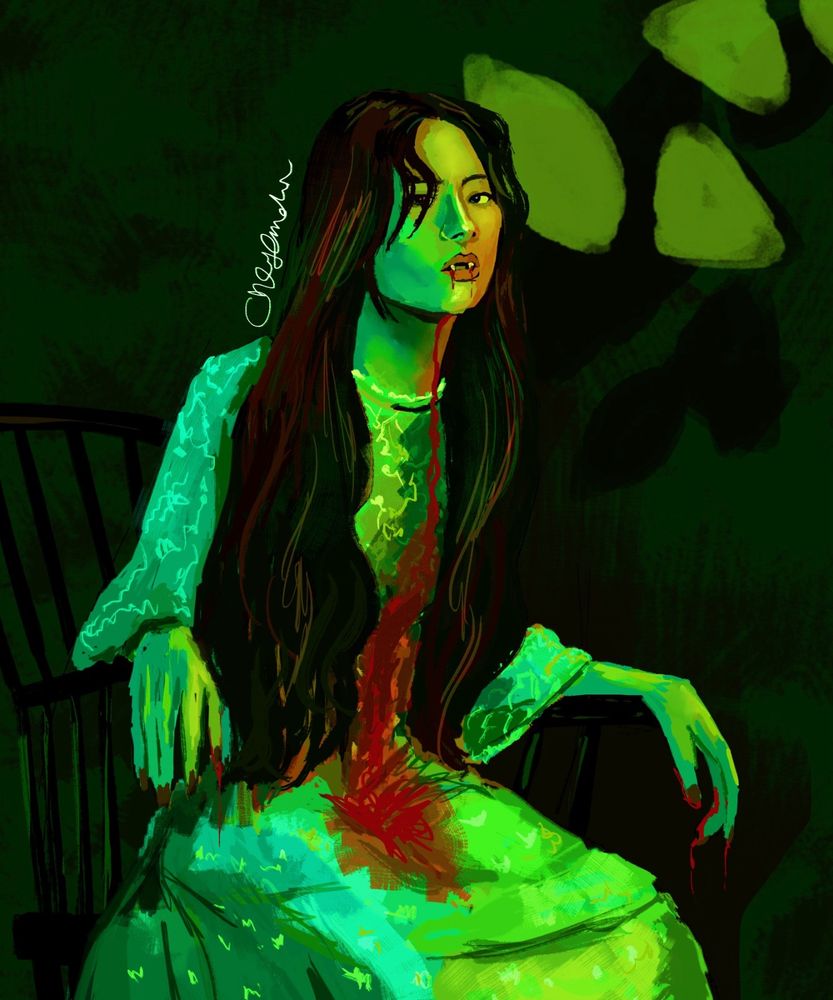Digital painting of Seulgi from red velvet’s psycho teaser images sitting in a dark forest on a wooden chair under green light. She has vampire fangs and blood is running down her chin onto her dress