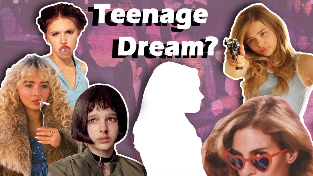thumbnail of the video that depicts a collage of of photos. the first is of Dominique Swain from Lolita (1997) blowing a bubble gum bubble. the next is of Sabrina Carpenter from Machild holding a cigarette on a fork in a fur coat. The next is of Natalie Portman from Leon the Professional as a child actress with a bloody nose. The next is of Lana Del Rey wearing red heart shaped sun glasses, and above her is Chloe Grace Moretz from Hick at 15 shooting a pistol. They surround a white cutout of Virginia Giuffre then 17, at Naomi Campbell's birthday party. the text above the cut out reads "Teenage Dream?"