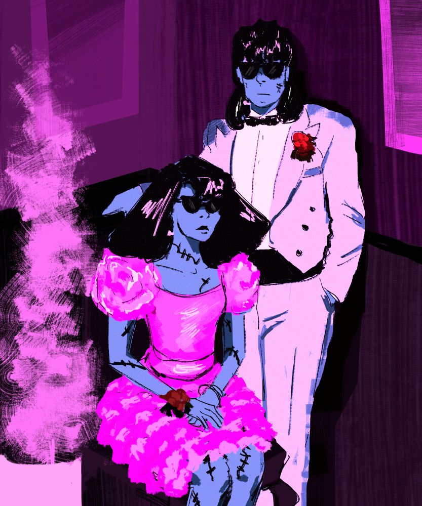 a digital painting of the monster and the bride of frankenstein as 1980s prom dates in neon pink and green lighting