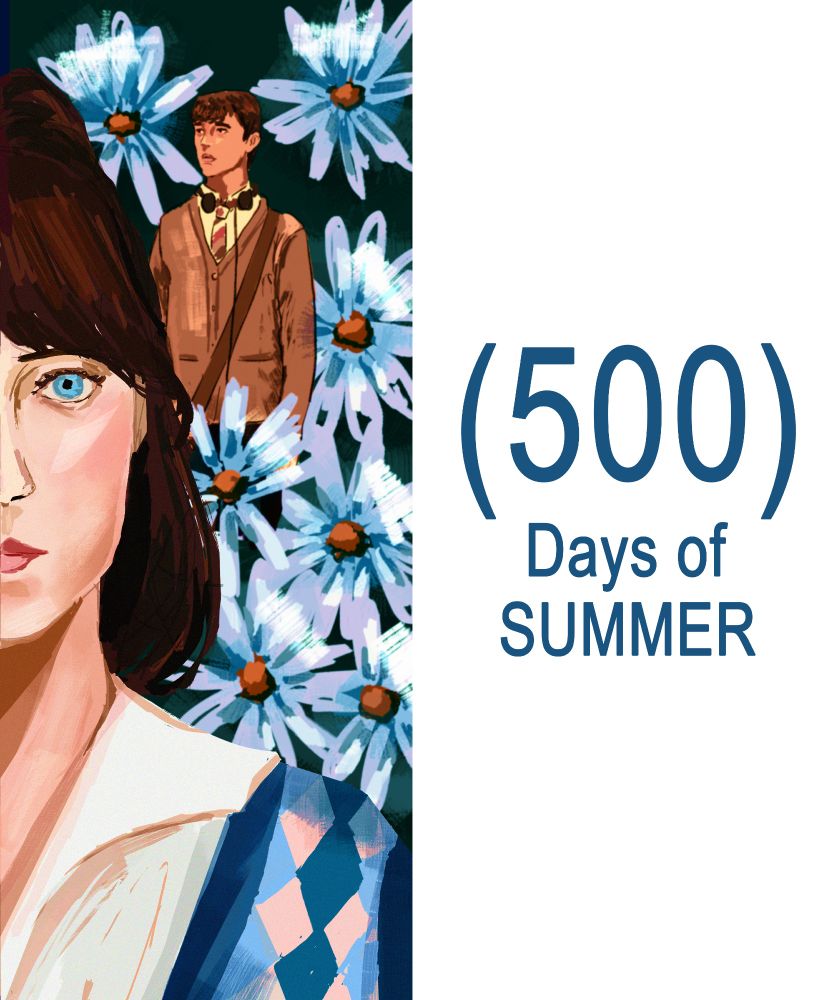 500 days of summer poster with zoey deschanel looking directly at the camera with hre hair up in a pony tail. joseph gordon levitt is in the background surrounded by giant daisies