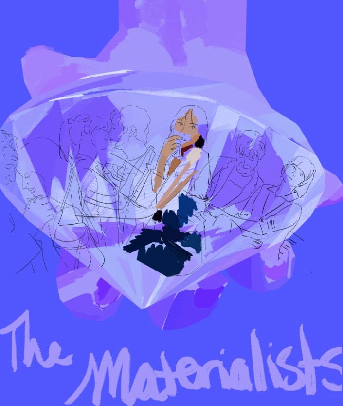 Movie mock up poster illustration depicts a big diamond reflecting scenes from 500 days of summer and materialists with Dakota Johnson in the center. The poster is given a blue and purple hue 