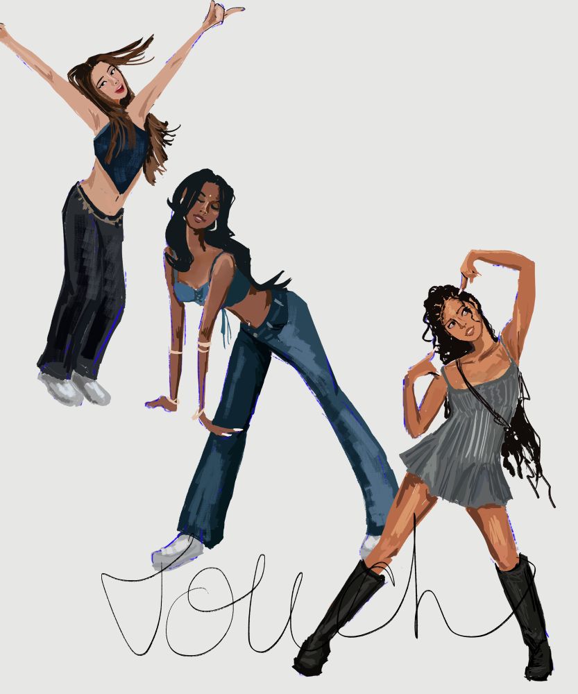 Digital painting of yoonchae, Lara, and manon from katseye in denim in poses from their music video touch