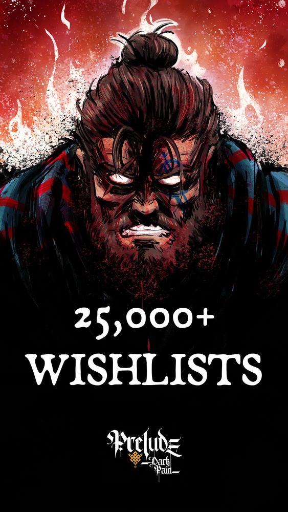 El protagonista de Prelude Dark Pain, el herrero Soren, con cara de enfado y ojos blancos. Texto: 25.000+ Wishlists. El logotipo de Prelude Dark Pain.