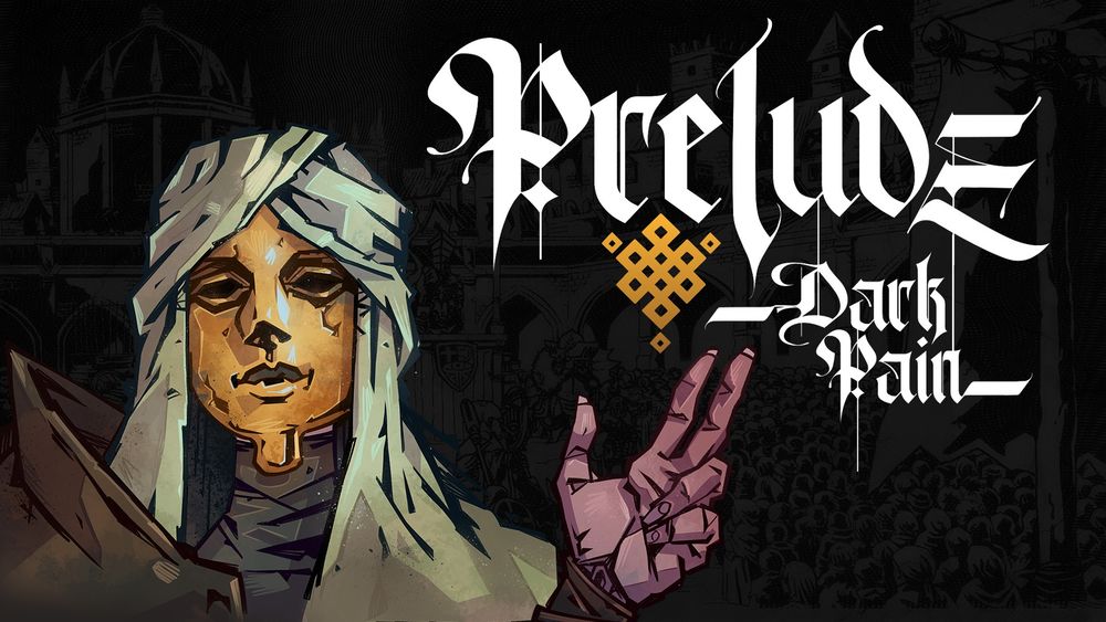 Arte principal de Prelude Dark Pain. Un misterioso personaje con una máscara dorada y turbante apunta con sus dedos hacia el logo de Prelude Dark Pain.
